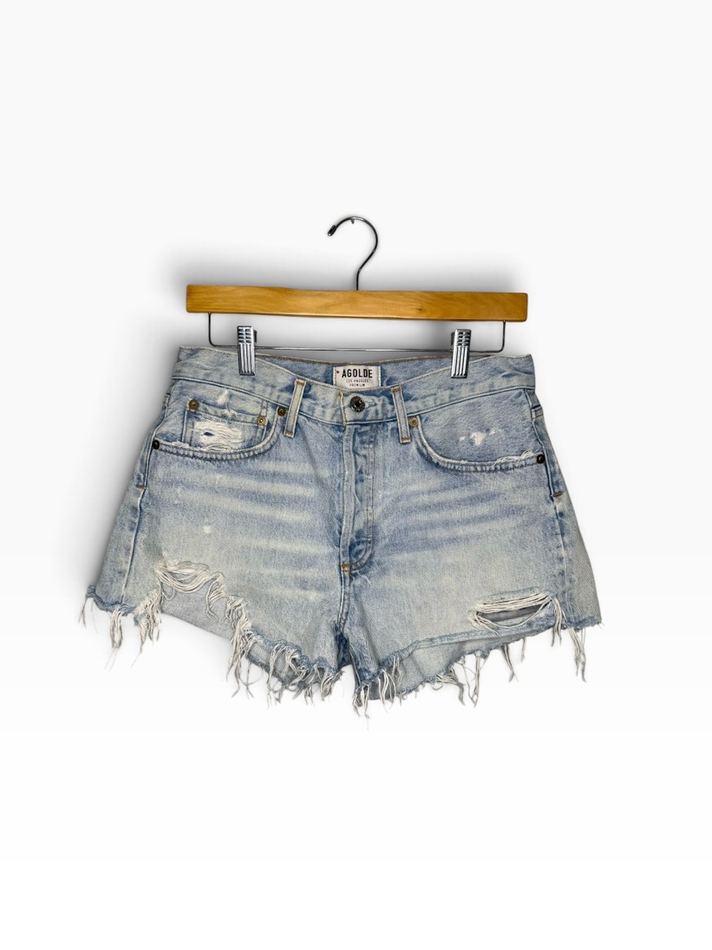 Agolde Light Wash Distressed Denim Cutoff Shorts 28